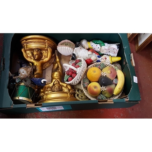 61 - Box to Include Cherub Wall Brackets, Clown Figures, Ceramic Fruit Ornaments etc.