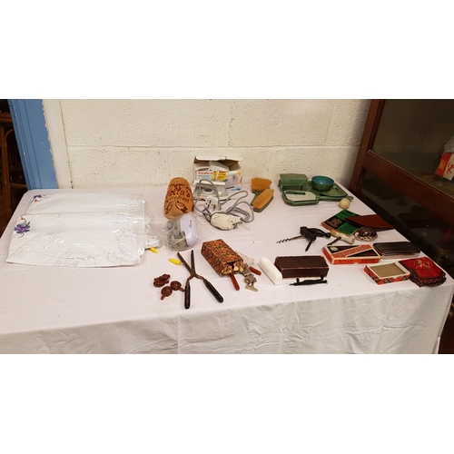 12 - Box to Include 1950's Dressing Table Set, Rolls Razor, Linen, Boxed Morphy Richards Iron, Corkscrews... 