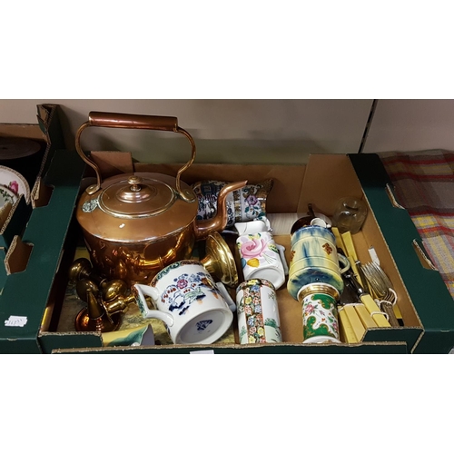 23 - Box to Include Copper Kettle, Assorted Mugs, Vases, Cutlery, Brassware etc.