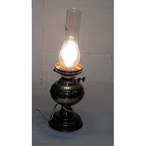 240 - Metal Based Converted Double Burner Oil Lamp with Glass Chimney - approx 47cm tall.