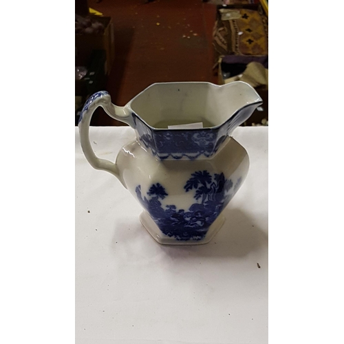 276 - Blue & White Watteau Water Jug - Small chip to rim.