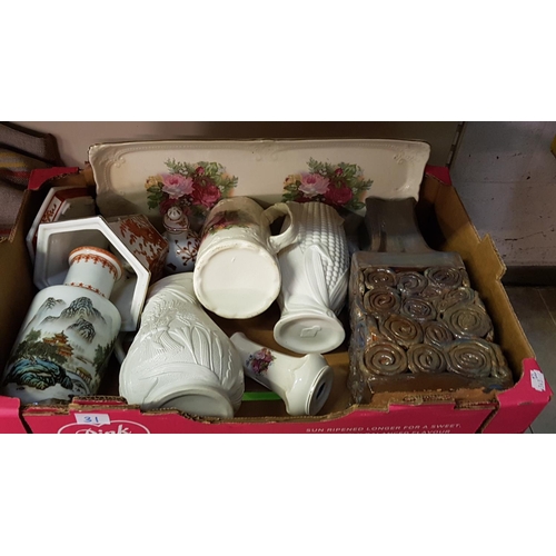 31 - Box to Include Chinese Vase & Jardinière, Corn Jug, Pottery Vase & Other Jugs etc.