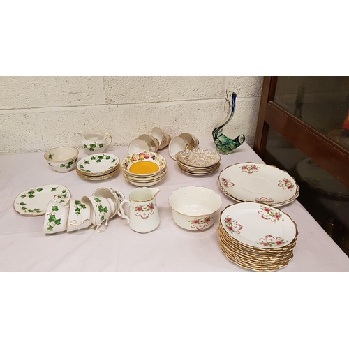 34 - Box of Part Tea Sets Including Colclough Along with Glass Cockerel Candle Holder.