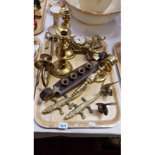 349 - Tray of Brassware Including Candlestick, Gondola, Crocodiles, Peacocks etc.