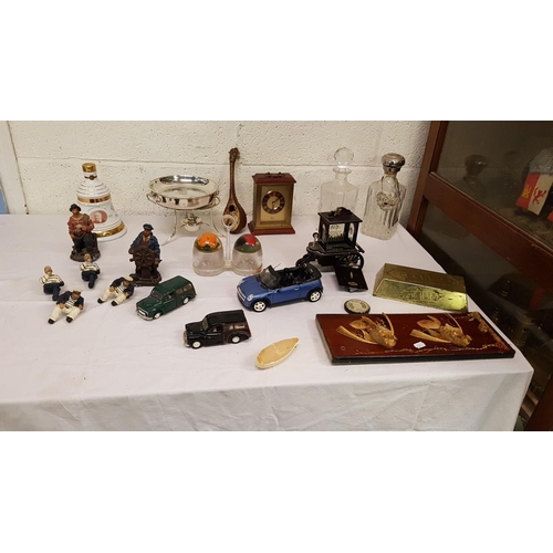 39 - Box to Include Glass Decanters, Mantel Clock, Model Cars, Commemorative Bell, Sailors Figures etc.