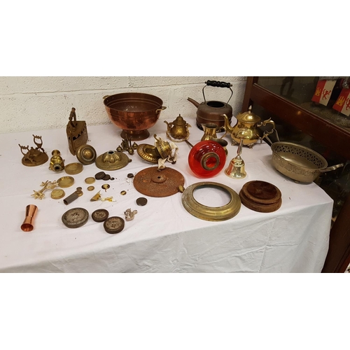 41 - Box of Brass & Copperware Including Bowl, Weights, Teapot etc.