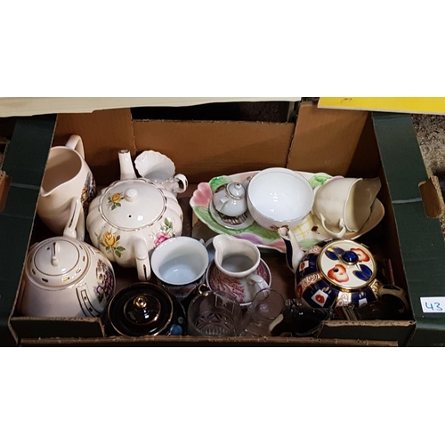 43 - Box of Assorted China to Include Avon Ware, Melba Ware Shire Horse (restored), Teapots, Jugs etc.