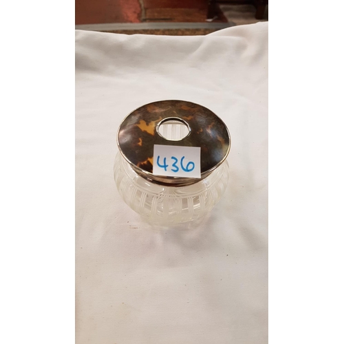 436 - Silver Hallmarked & Tortoise Shell Topped Powder Jar.