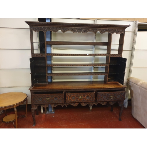 507 - Large Vintage Open Backed Carved Oak Welsh Dresser with Three Drawers - 2.1m tall x 2m long x 46cm d... 