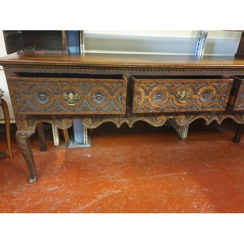 507 - Large Vintage Open Backed Carved Oak Welsh Dresser with Three Drawers - 2.1m tall x 2m long x 46cm d... 