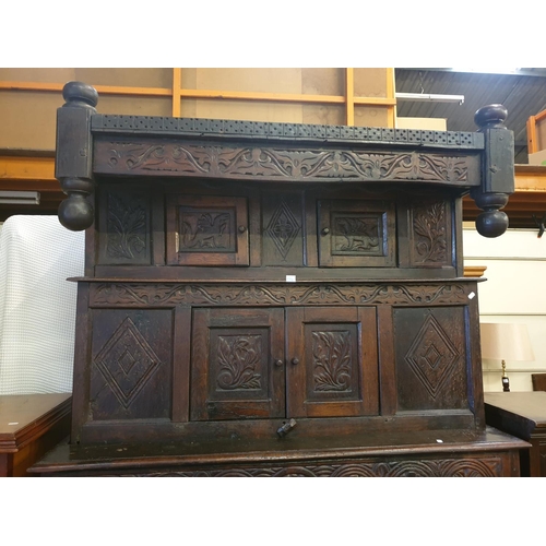 516 - 17th Century Dark Solid Oak Carved Welsh Tridarn with Dragon Carvings to Top Doors and Carved Initia... 