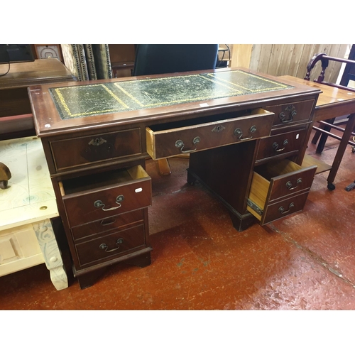 537 - Mahogany Seven Drawer Pedestal Desk with Green Leather Inlay Top - 30