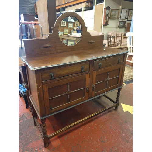 545 - Mirror Backed Oak Sideboard with Double Cupboard, Two Drawers & Barley Twist Legs - 3ft tall (not in... 