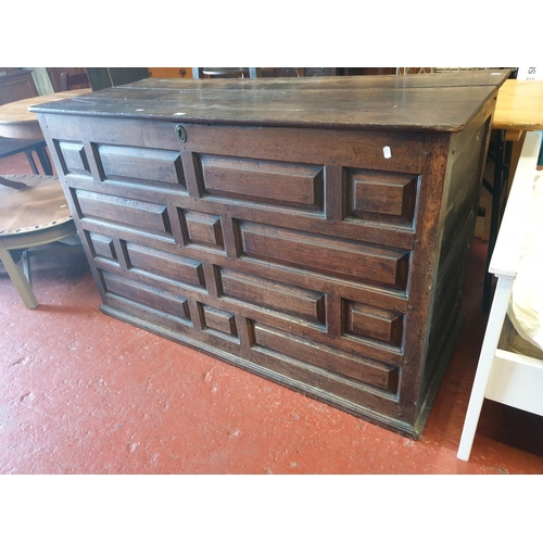 564 - Large Carved Front Oak Coffer with Lid (two rear panels missing) - 90cm tall x 1.45m long x 61cm dee... 