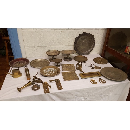 57 - Box of Plated & Brassware Including Trays, Thermometer, Door Handles, Door Knocker, Horse Brasses et... 