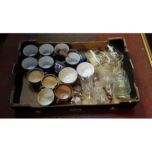 59 - Box of Assorted China & Glassware Including Branded Glasses, Glass Frosted Shade, Blue & White China... 