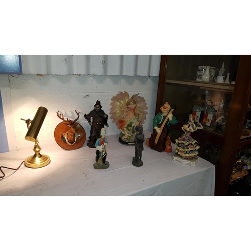 67 - Box to Include Assorted Large Figures, Clown, Fairy, Stag & Brass Desk Lamp.