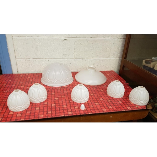 115 - Five Small White Glass Light Shades with Matching Large Ceiling Shade & One Other.