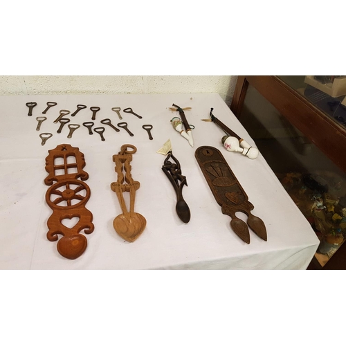 13 - Box to Include Vintage Bottle Openers, Wooden Carved Love Spoons, Swiss Made Pipes etc.