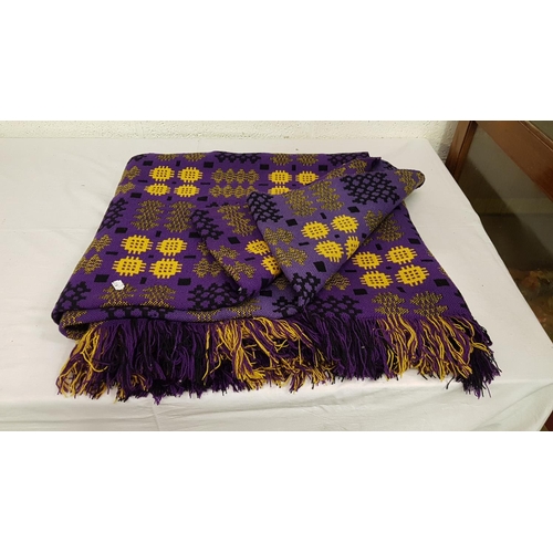 17 - Purple, Yellow & Black Patterned Welsh Blanket with Fringe Ends - approx 7ft x 8ft.