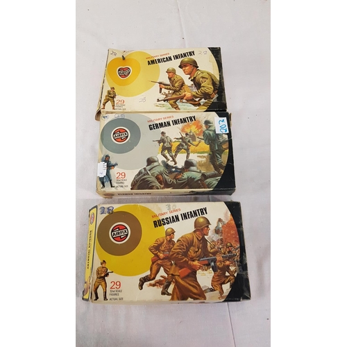 203 - Three Boxed Vintage Airfix Infantry Figures - Russian, German, American.