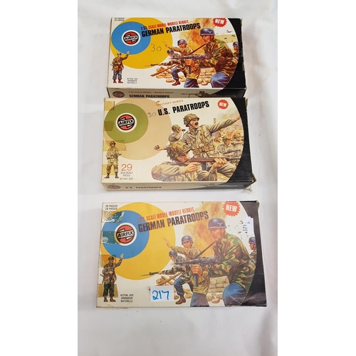 217 - Three Boxed Vintage Airfix Paratrooper Figures - One US & Two German.