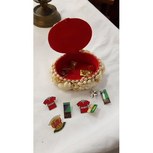 248 - Sea Shell Jewellery Box & Quantity of Rugby Pins.