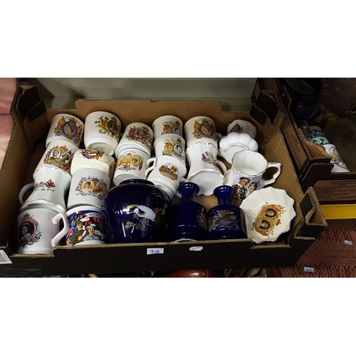 32 - Box of China Including Commemorative Mugs, Vases etc.