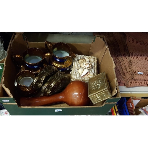 33 - Box to Include Lustre Jugs, Shell Jewellery Box, Glass Vase, Brass Box etc.