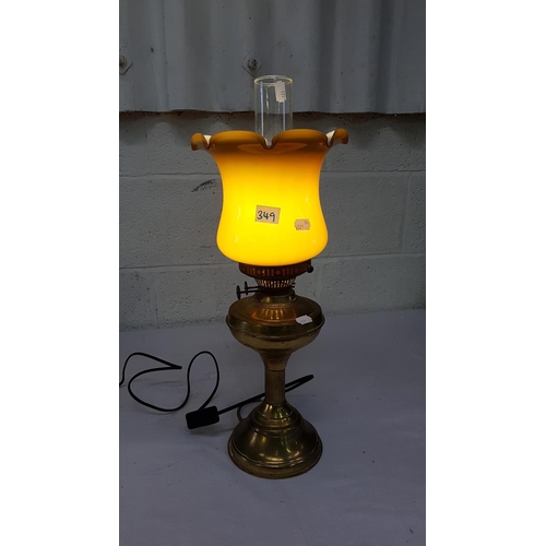 349 - Brass Based Converted Double Burner Oil Lamp with Glass Shade & Chimney.