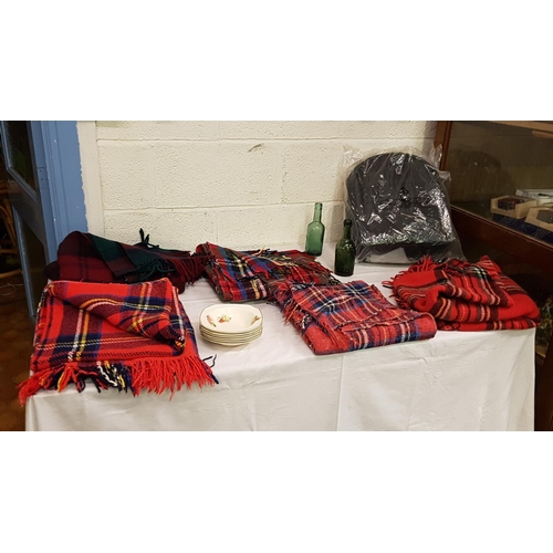 37 - Box of Various Tartan Lap Blankets, NEW Backpack, Alfred Meakin Dish & Glass Bottles.