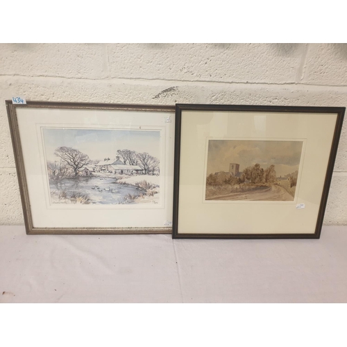 434 - Two Framed & Glazed Watercolours - Church Scene & Cottage Scene.