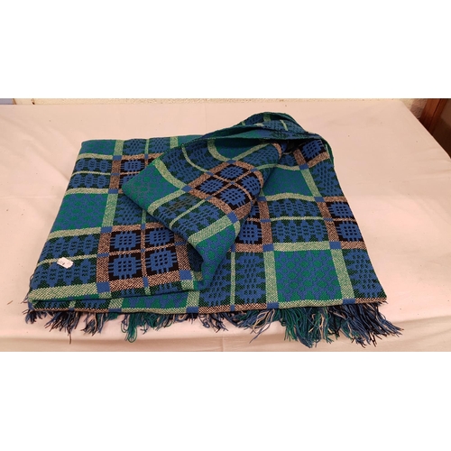 45 - Blue & Green Patterned Welsh Blanket with Fringe Ends.