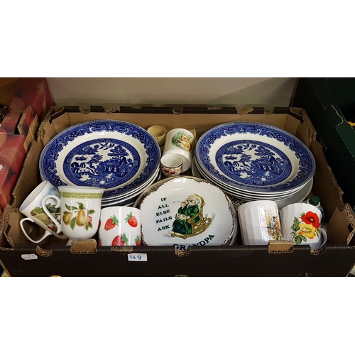 48 - Box to Include Blue & White Willow Pattern Plates, Mugs, Egg Cups etc.