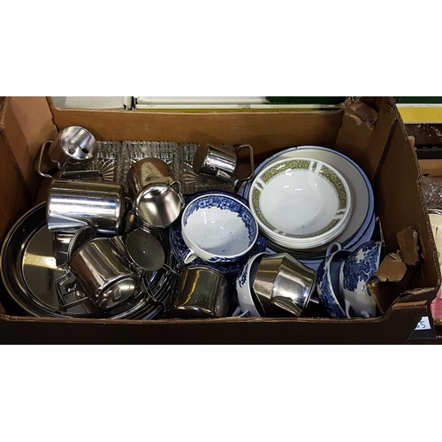 52 - Box of Stainless Tableware, Blue & White China etc.