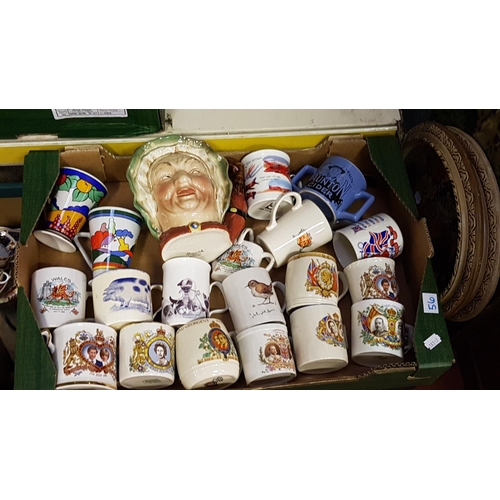 56 - Box of Mugs Including Commemorative, Sadler and Royal Doulton Along with Beswick 