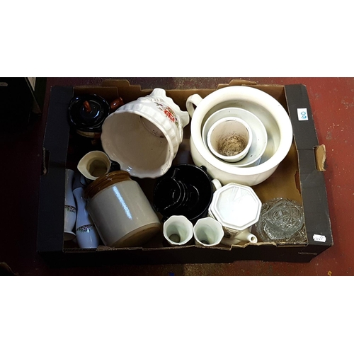 60 - Box of Assorted China & Glassware Including Earthenware Jar, Wade Teapot, Jardinières, Character Jug... 