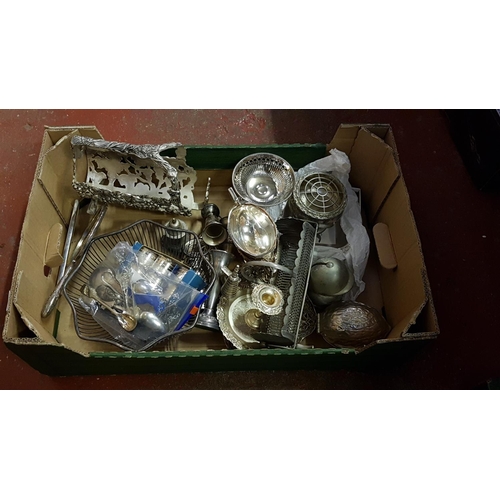 61 - Box of Assorted Plated Ware Including Teaspoons, Napkin Rings, Candlesticks, Mirror & Brush etc.