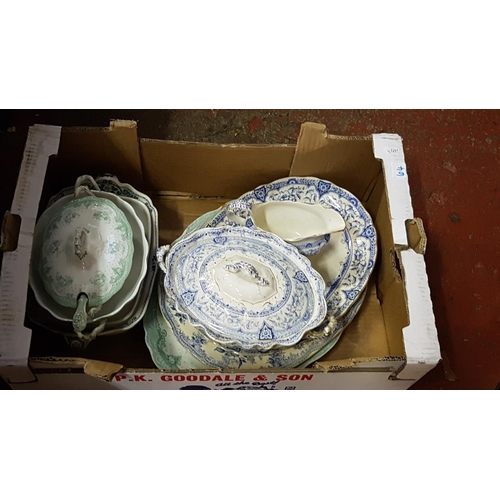 64 - Box of Vintage China Including Tunstall, Alfred Meakin, Brownhills Pottery, Tureens & Meat Plates et... 