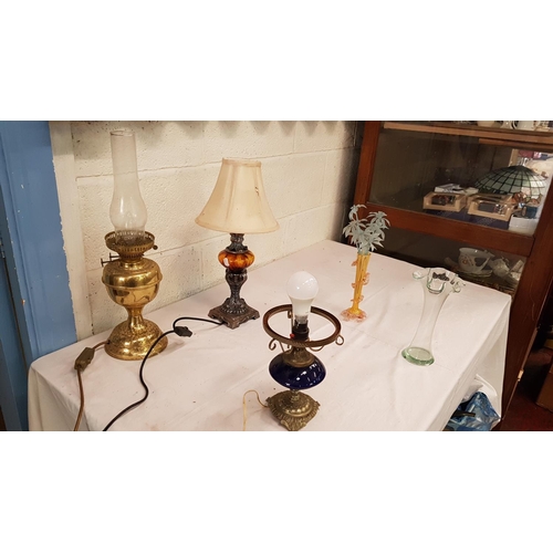 85 - Box to Include Three Converted Oil Lamps, Glass Vase etc.