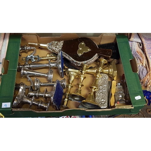 9 - Box of Brass & Plated Ware Including Candelabra, Candlesticks, Pair of Bellows etc.