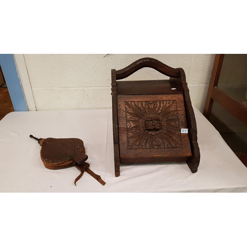 93 - Victorian Solid Oak Coal Box with Hand Carved Green Man Lid & Pair of Bellows.