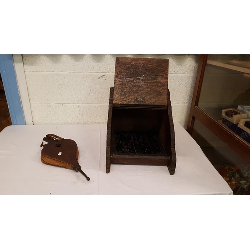 93 - Victorian Solid Oak Coal Box with Hand Carved Green Man Lid & Pair of Bellows.