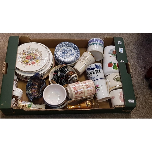 94 - Box to Include GWP China, MacDonald China, Mugs, Carnival Glass Bowl etc.