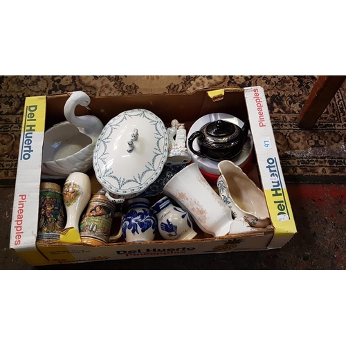 97 - Box of Assorted China Including Blue & White Wedgwood Bowl, Dutch Jugs, Wedgwood Tureen & Lid etc.