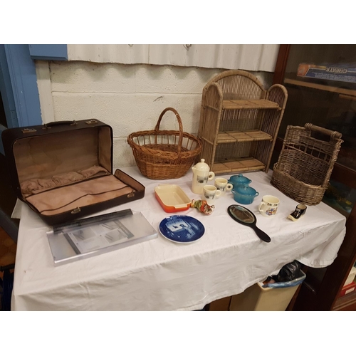 113C - Box to Include Wicker Basket & Folding Shelf Unit, Vintage Suitcase, Le Creuset Lidded Pot etc.