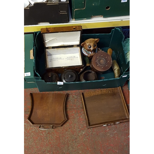 31 - Box of Assorted Wooden Items Including Inlaid Box, Turned Bowls, Crumb Trays etc.