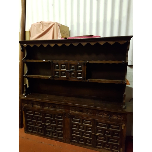 603 - Large Dark Oak Panelled Four Cupboard, Four Drawer Dresser with Display Shelves - approx  178cm tall... 