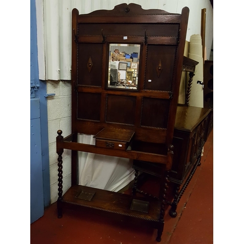 607 - Vintage Oak Hall Stand with Mirror Back, Glove Box & Umbrella Trays.