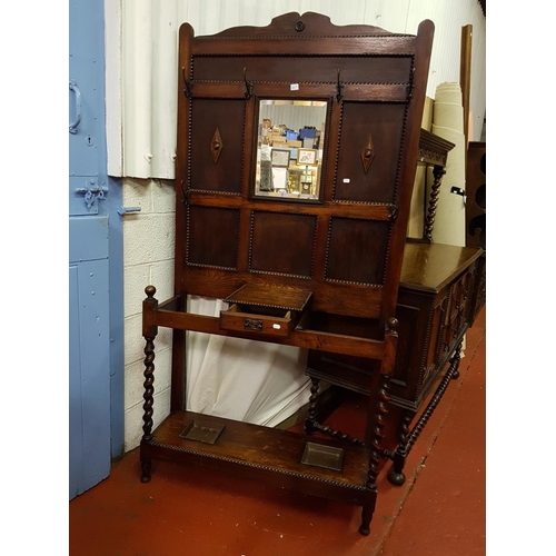 607 - Vintage Oak Hall Stand with Mirror Back, Glove Box & Umbrella Trays.